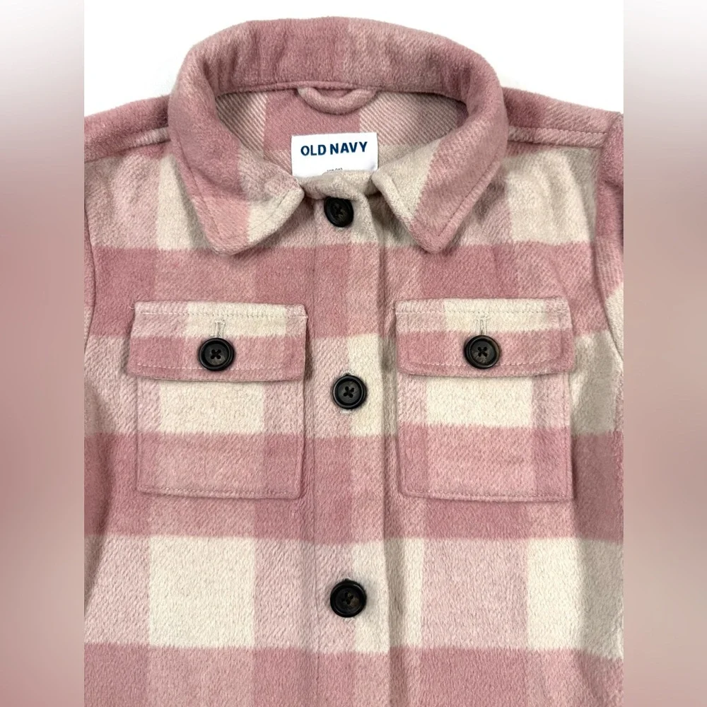 OLD NAVY Girls Plaid Fleece Shacket XS Cozy Pink Check Button‎ Up